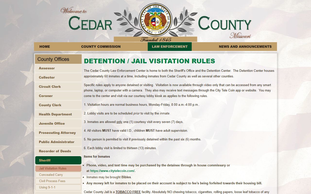 Cedar County Detention Center roster and visitation rules for Dade County inmate searches